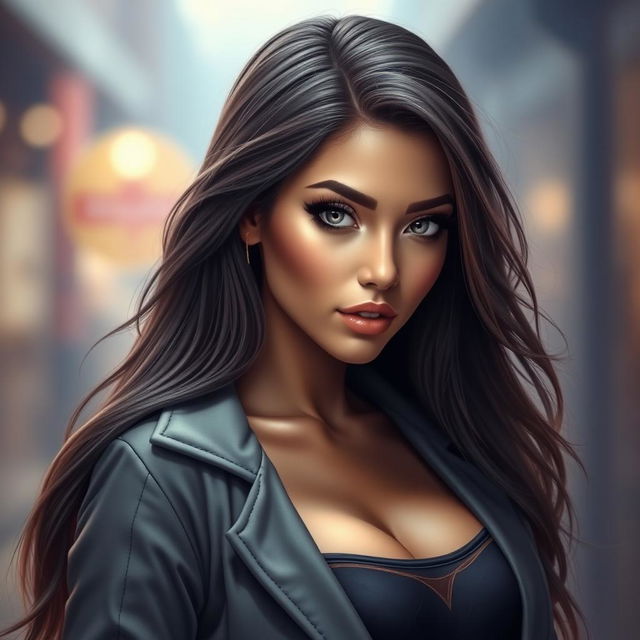 A realistic and alluring image of a beautiful woman with stunning features, wearing a stylish outfit that highlights her attributes