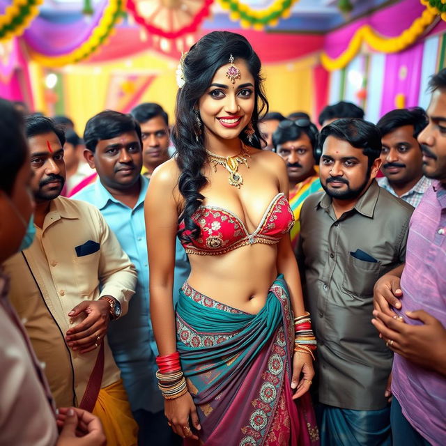 A beautiful Indian bride wearing a sexy strapless bikini dress that showcases her big cleavage and accentuates her sexy navel and legs