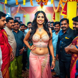 A beautiful Indian bride wearing a sexy strapless bikini dress that showcases her big cleavage and accentuates her sexy navel and legs