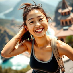 A vibrant and lively 30-year-old Asian woman radiating happiness as she engages in sports while traveling