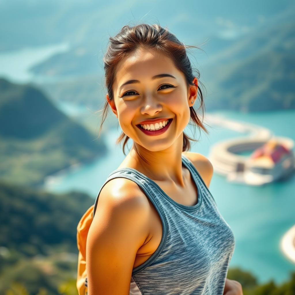 A vibrant and lively 30-year-old Asian woman radiating happiness as she engages in sports while traveling