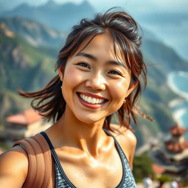 A vibrant and lively 30-year-old Asian woman radiating happiness as she engages in sports while traveling