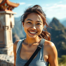 A vibrant and lively 30-year-old Asian woman radiating happiness as she engages in sports while traveling