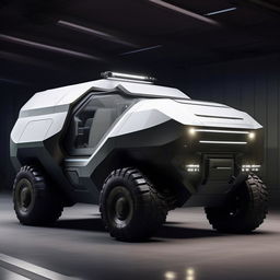 A futuristic military truck showcasing advanced technological features, robust armored design, and sleek aesthetics.