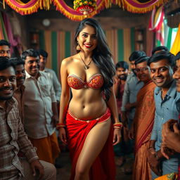 A sexy and alluring Indian bride wearing a strapless bikini dress that showcases her big cleavage and emphasizes her sexy navel and legs