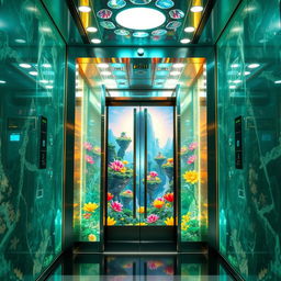 An elevator with a futuristic design, glowing with ethereal lights, located in the lobby of a grand skyscraper