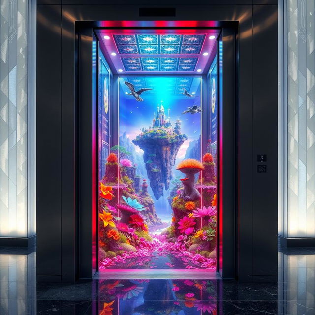 An elevator with a futuristic design, glowing with ethereal lights, located in the lobby of a grand skyscraper