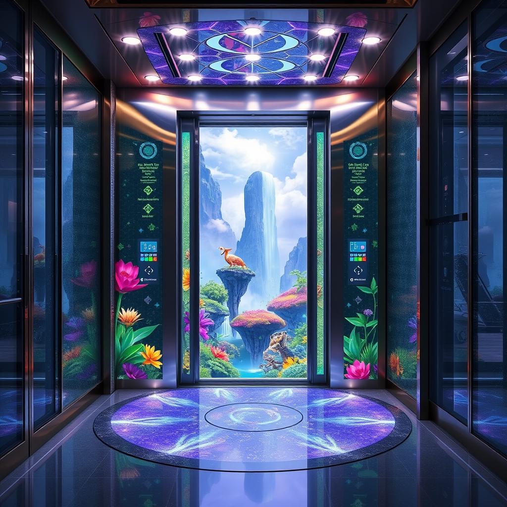 An elevator with a futuristic design, glowing with ethereal lights, located in the lobby of a grand skyscraper