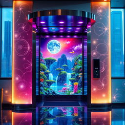 An elevator with a futuristic design, glowing with ethereal lights, located in the lobby of a grand skyscraper
