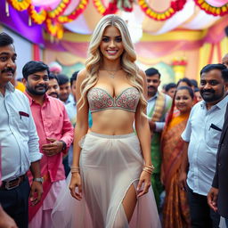 A sexy blonde American bride wearing a strapless bikini dress that accentuates her big breasts, showcasing her sexy navel and legs, with an emphasis on her big cleavage