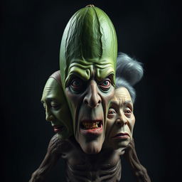 A horrifying and surreal creature that combines the unsettling features of multiple faces: the smooth, green face of an avocado, the elongated visage of a cucumber, the chiseled and handsome face of a sexy man, the delicate and youthful face of a beautiful young Chinese lady, the soft and round features of a fat Mexican lady, and the wrinkled, wise face of an old lady