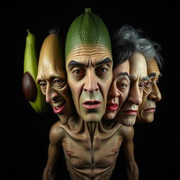 A horrifying and surreal creature that combines the unsettling features of multiple faces: the smooth, green face of an avocado, the elongated visage of a cucumber, the chiseled and handsome face of a sexy man, the delicate and youthful face of a beautiful young Chinese lady, the soft and round features of a fat Mexican lady, and the wrinkled, wise face of an old lady