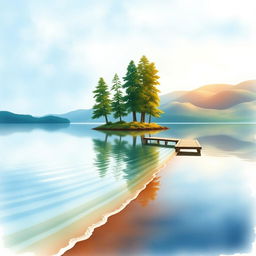 A serene lakeside scene for a book cover, beautifully rendered in watercolor style