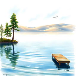 A serene lakeside scene for a book cover, beautifully rendered in watercolor style