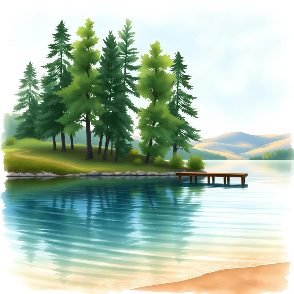 A serene lakeside scene for a book cover, beautifully rendered in watercolor style