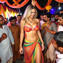 A sexy blonde American bride in a strapless colorful bikini dress that accentuates her big breasts, sexy navel, and alluring legs, showcasing a significant amount of cleavage