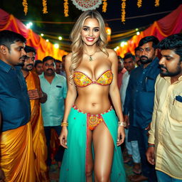 A sexy blonde American bride in a strapless colorful bikini dress that accentuates her big breasts, sexy navel, and alluring legs, showcasing a significant amount of cleavage