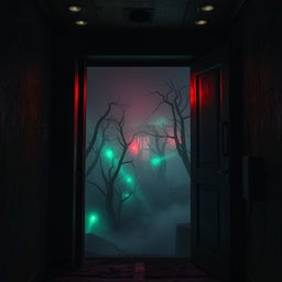 An elevator with a dark, ominous design, featuring rusted metal walls and flickering overhead lights, situated in a decaying building