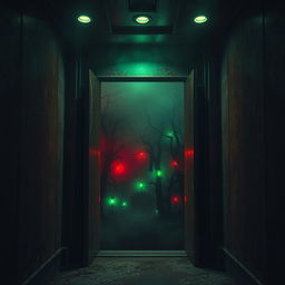 An elevator with a dark, ominous design, featuring rusted metal walls and flickering overhead lights, situated in a decaying building