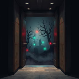 An elevator with a dark, ominous design, featuring rusted metal walls and flickering overhead lights, situated in a decaying building