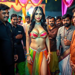 A sexy Arab female bride wearing a strapless colorful bikini dress that accentuates her big breasts, sexy navel, and alluring legs, showcasing significant cleavage