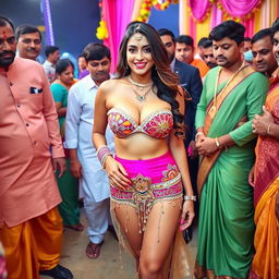 A sexy Arab female bride wearing a strapless colorful bikini dress that accentuates her big breasts, sexy navel, and alluring legs, showcasing significant cleavage