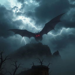 A chilling scene depicting a horrifying monster soaring ominously over a dark, secluded island