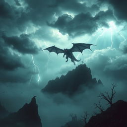 A chilling scene depicting a horrifying monster soaring ominously over a dark, secluded island