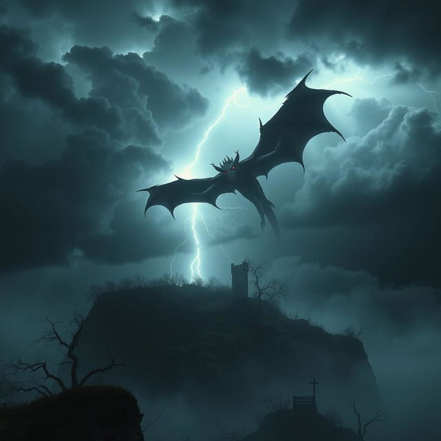 A chilling scene depicting a horrifying monster soaring ominously over a dark, secluded island