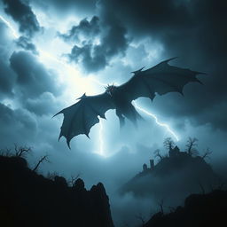 A chilling scene depicting a horrifying monster soaring ominously over a dark, secluded island