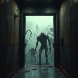 An unsettling elevator scene in a decrepit building, with rusted metal walls and dim, flickering lights casting eerie shadows