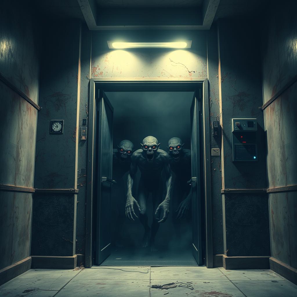 An unsettling elevator scene in a decrepit building, with rusted metal walls and dim, flickering lights casting eerie shadows