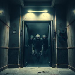 An unsettling elevator scene in a decrepit building, with rusted metal walls and dim, flickering lights casting eerie shadows