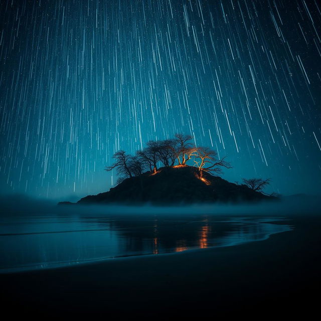 A hauntingly beautiful scene of a secluded island illuminated by a shower of vibrant shooting stars cascading down from a star-filled night sky