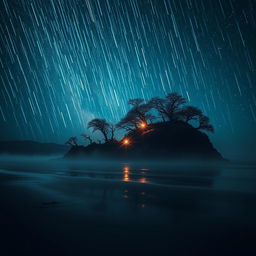 A hauntingly beautiful scene of a secluded island illuminated by a shower of vibrant shooting stars cascading down from a star-filled night sky