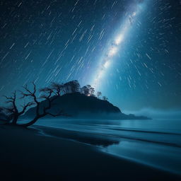 A hauntingly beautiful scene of a secluded island illuminated by a shower of vibrant shooting stars cascading down from a star-filled night sky