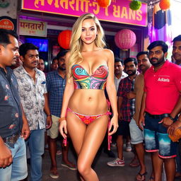 A sexy blonde female bride wearing a strapless colorful bikini dress that accentuates her big breasts, sexy navel, and alluring legs, showcasing significant cleavage