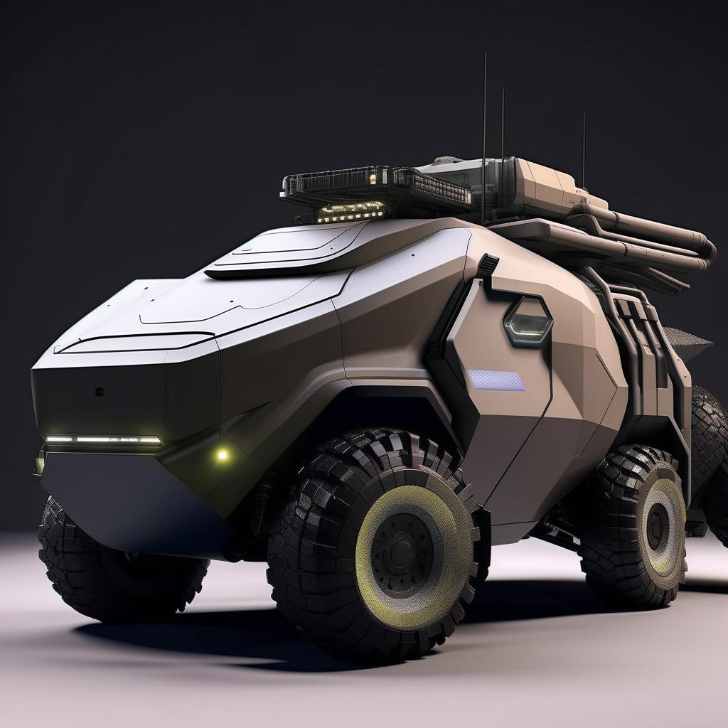 A futuristic military truck showcasing advanced technological features, robust armored design, and sleek aesthetics.