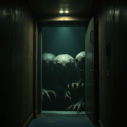 An elevator enclosed in dark, rusted metal walls, with dim, flickering lights that barely illuminate the interior