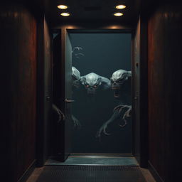 An elevator enclosed in dark, rusted metal walls, with dim, flickering lights that barely illuminate the interior