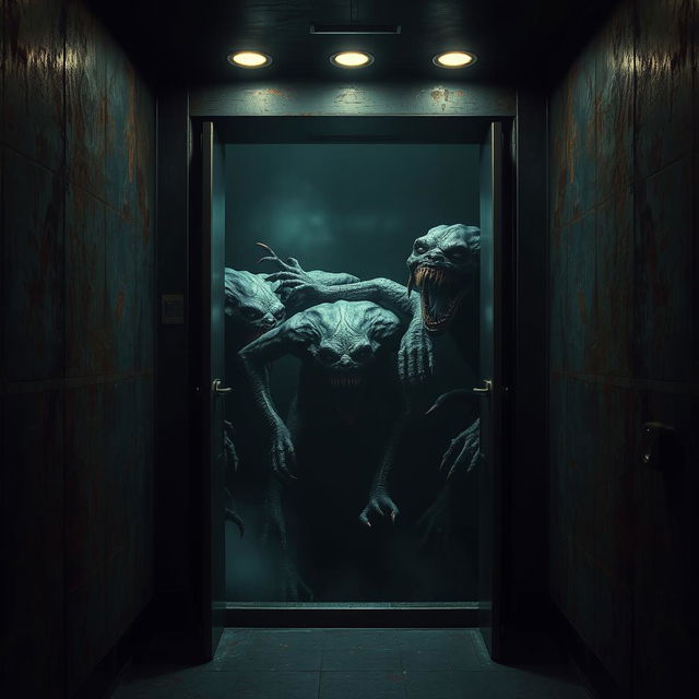 An elevator enclosed in dark, rusted metal walls, with dim, flickering lights that barely illuminate the interior