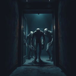 An eerie elevator scene set in a dilapidated building, with rusted metal walls and faint, flickering lights creating a shadowy atmosphere