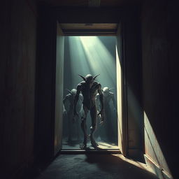 An eerie elevator scene set in a dilapidated building, with rusted metal walls and faint, flickering lights creating a shadowy atmosphere