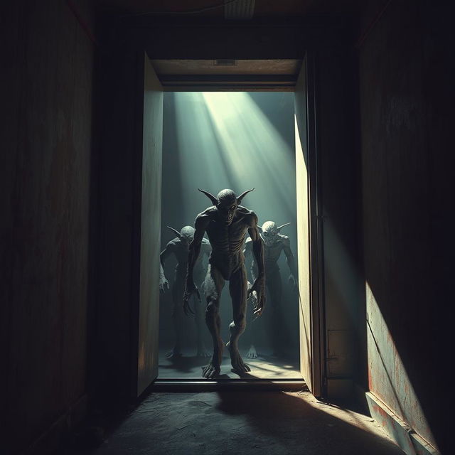 An eerie elevator scene set in a dilapidated building, with rusted metal walls and faint, flickering lights creating a shadowy atmosphere