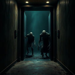 An eerie elevator scene set in a dilapidated building, with rusted metal walls and faint, flickering lights creating a shadowy atmosphere