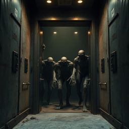 An eerie elevator scene set in a dilapidated building, with rusted metal walls and faint, flickering lights creating a shadowy atmosphere