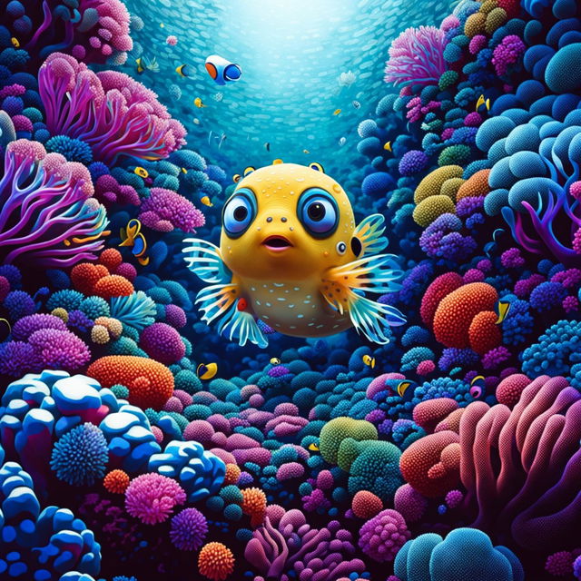 A cute baby puffer fish playing in a vibrant coral reef under the clear ocean water in a classic Pixar animation style.