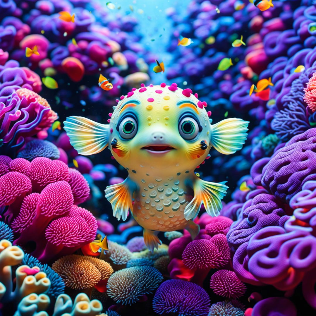 An even cuter baby puffer fish playing in a lively coral reef under the clear ocean water in a classic Pixar animation style.