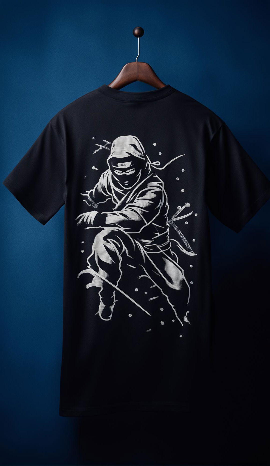 Back of a black minimalist ninja t-shirt against a cool blue backdrop in a product editorial shot.