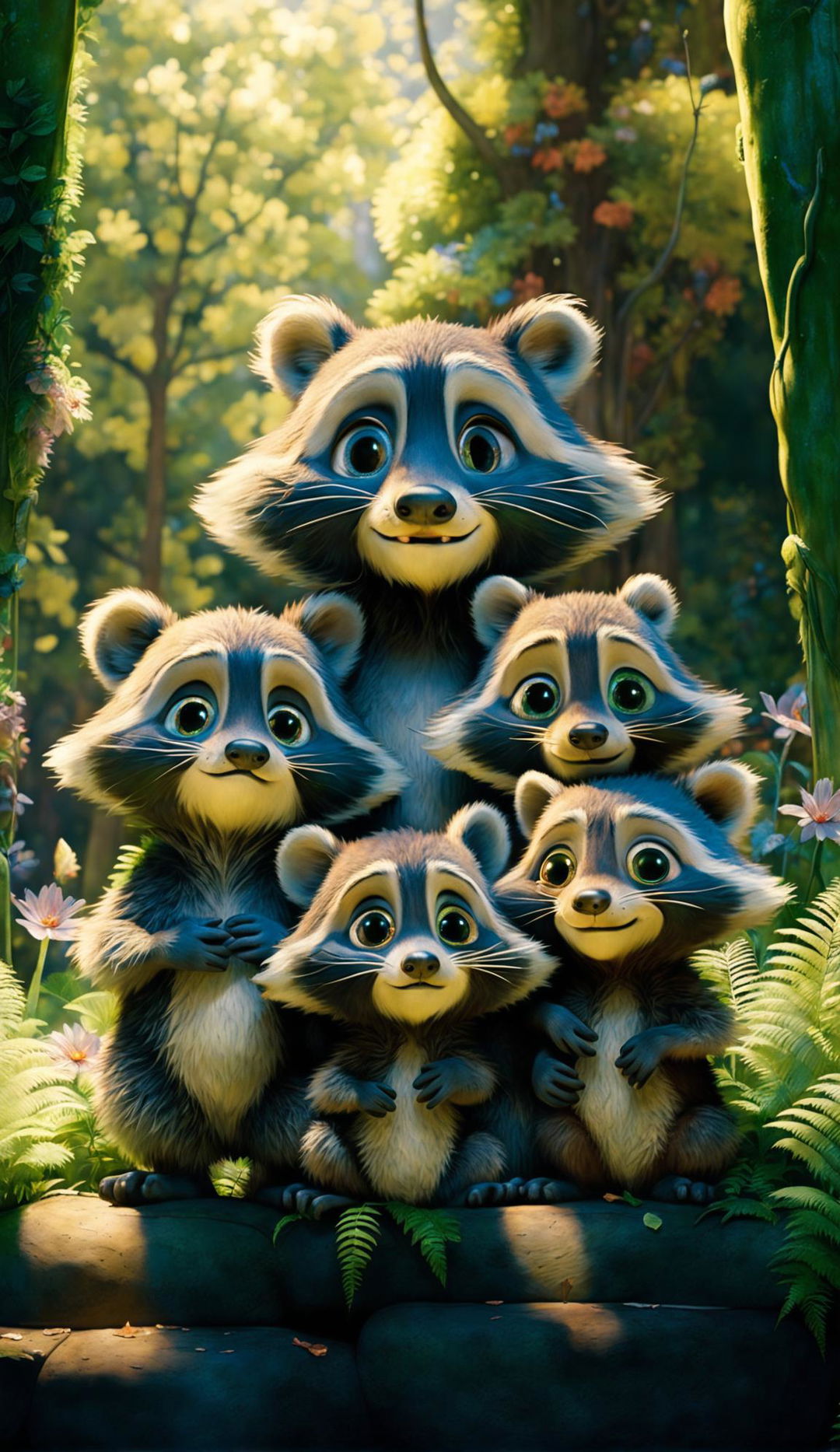 A raccoon family in the forest, depicted in the style of Disney Pixar.